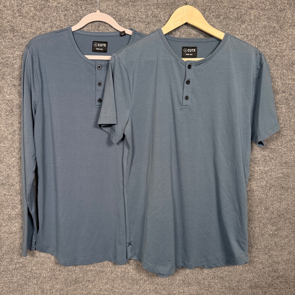 Cuts Mens Size Medium Shirt Slate Blue Cotton Blend Henley Curve Hem  Stretch